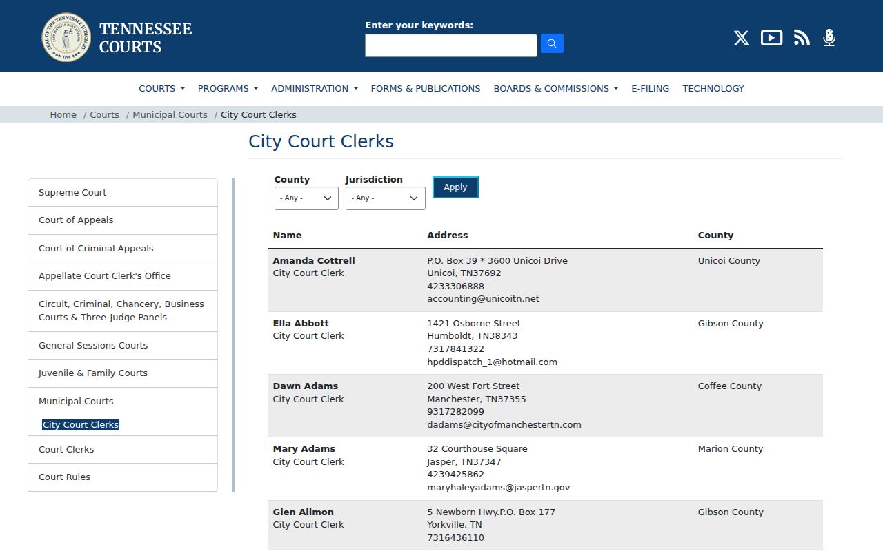 Municipal court clerk directory for Gibson County date contacts