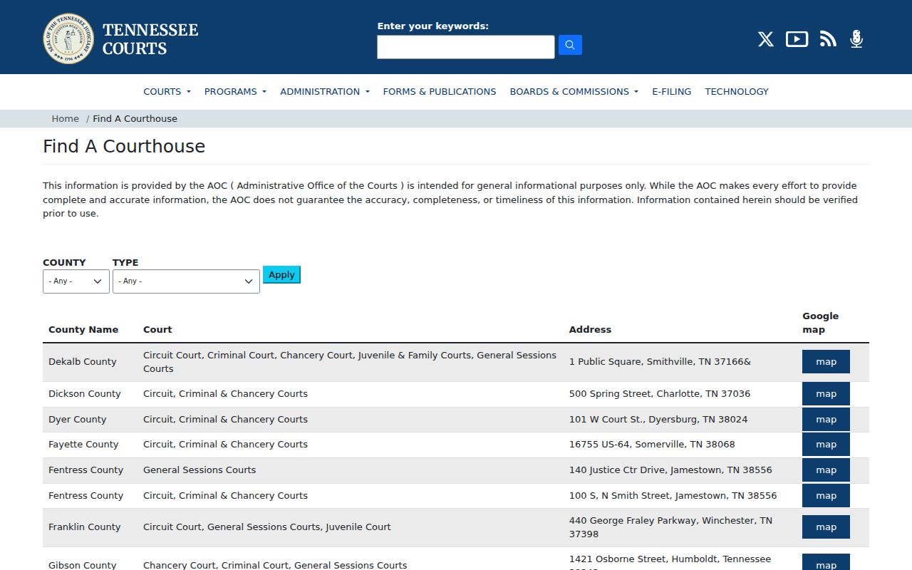 AOC courthouse listing for Gibson County courts in Humboldt