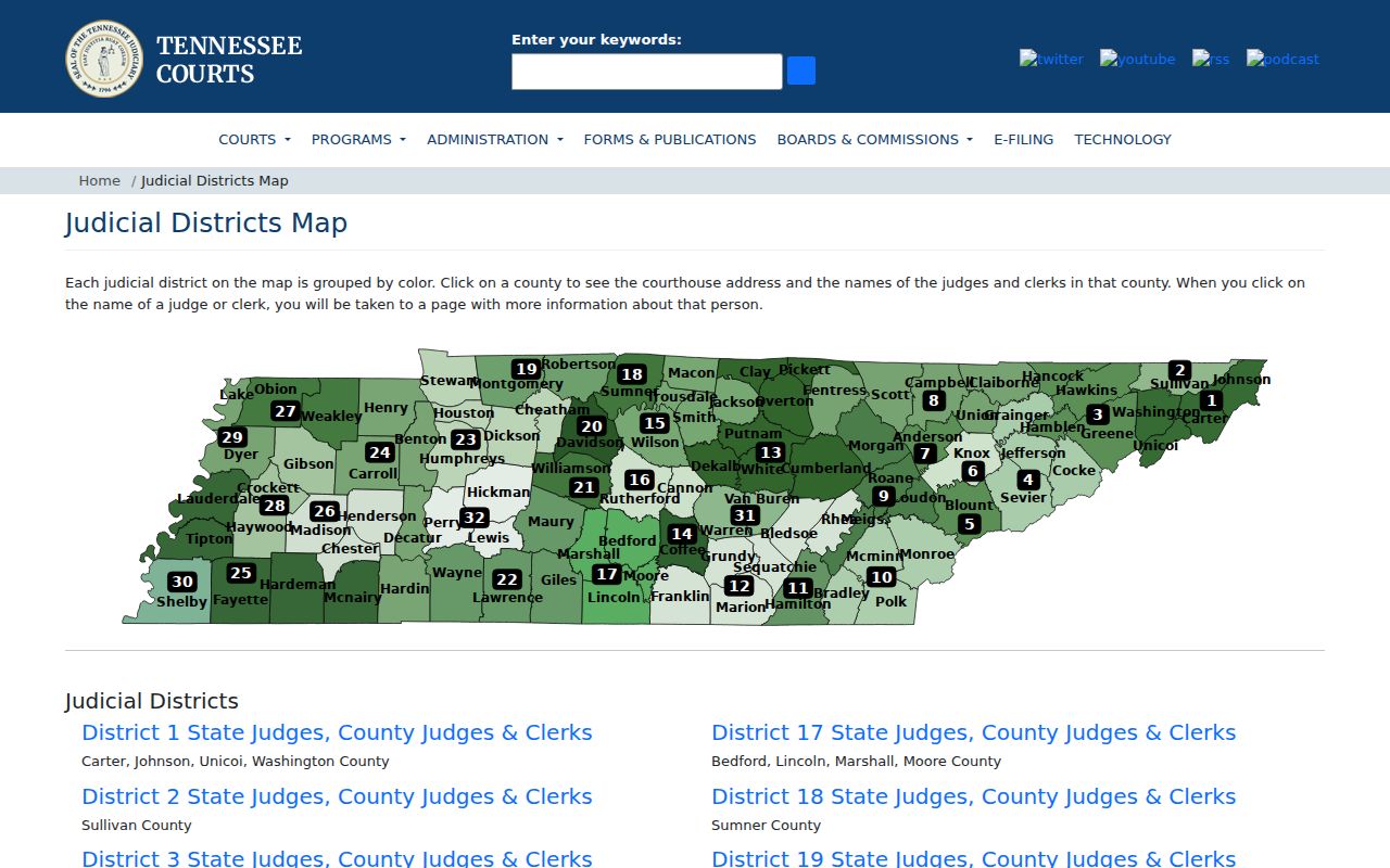 Map showing Gibson County in the 28th Judicial District