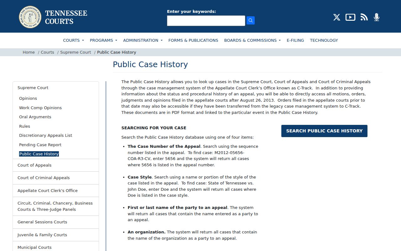 Tennessee appellate Public Case History calendar interface
