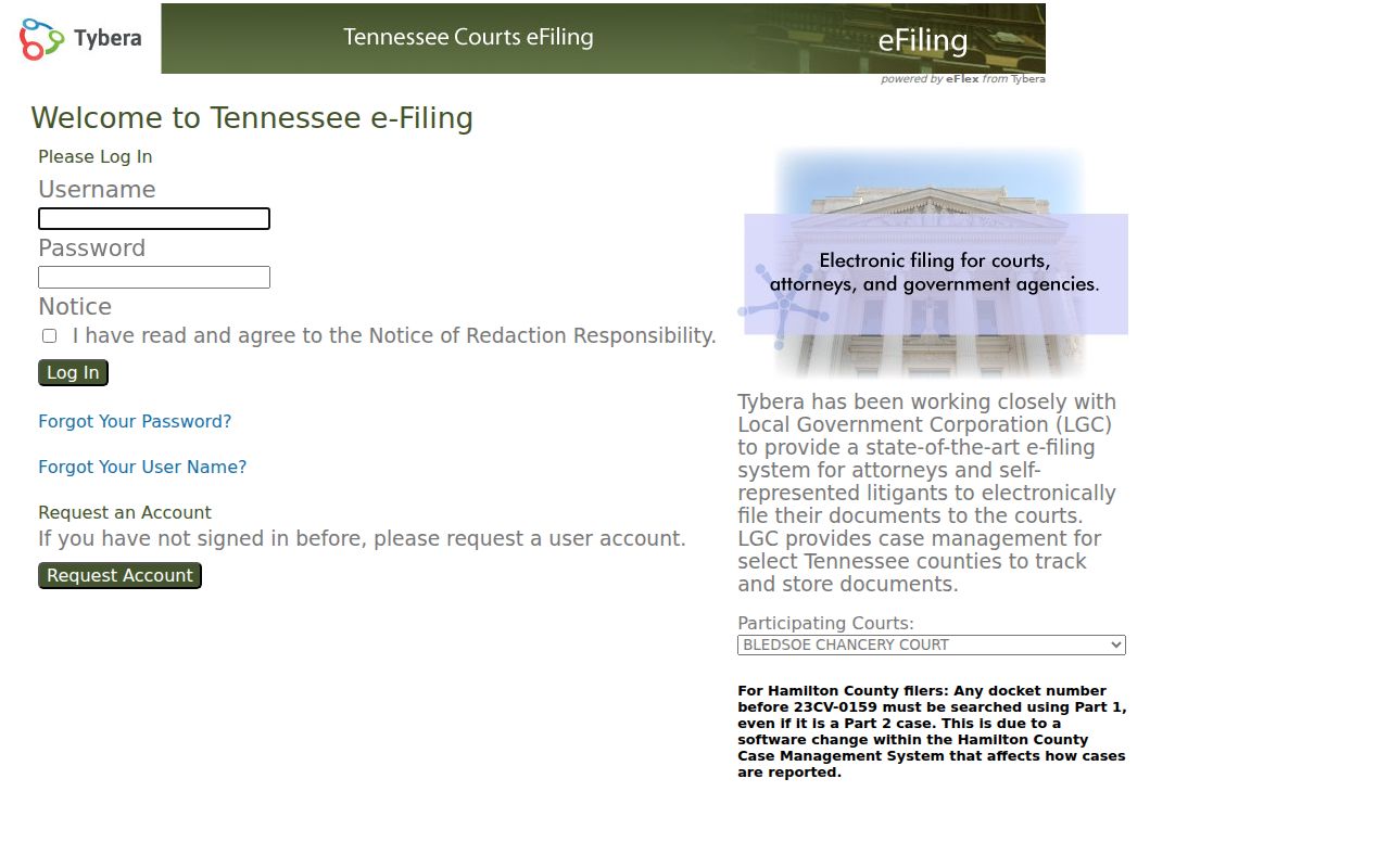 Tennessee eFlex login and participating court selector