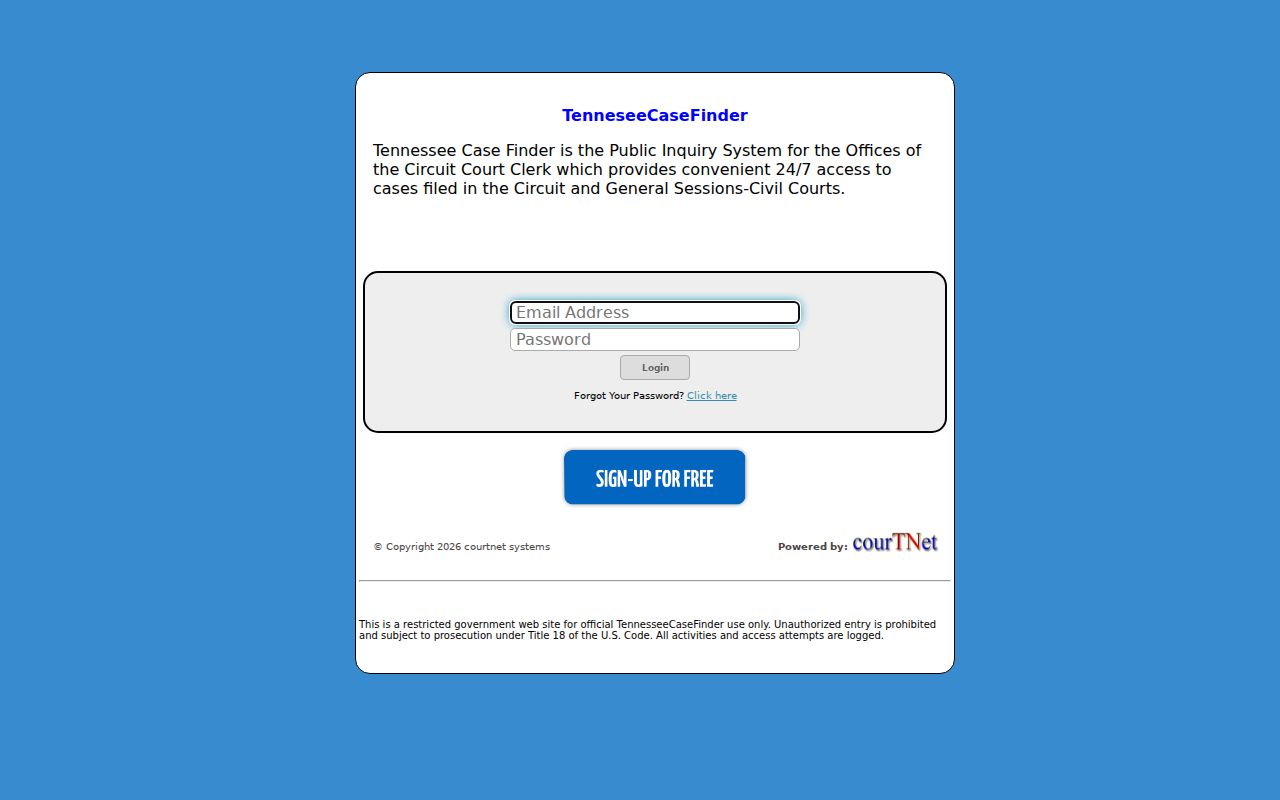 Tennessee Case Finder public inquiry subscription login