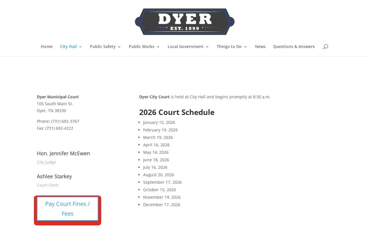Dyer court docket official municipal schedule and payment link
