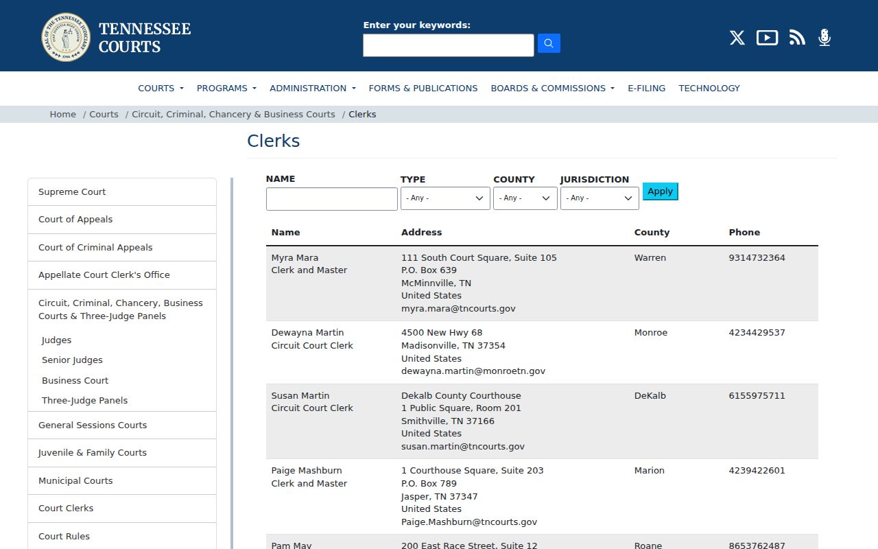 Tennessee trial court clerk directory with Gibson County entries